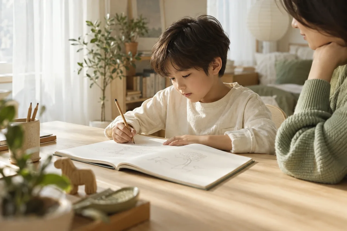 책상에서 그림을 그리는 아이와 보호자의 일상 연출 이미지